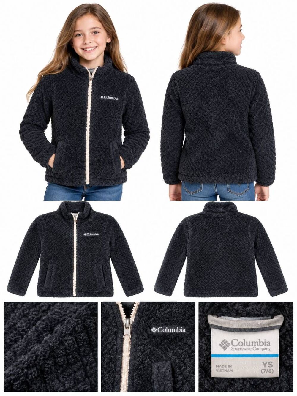 Columbia Girls XS Black Fuzzy Fleece Zip Jacket Warm Soft